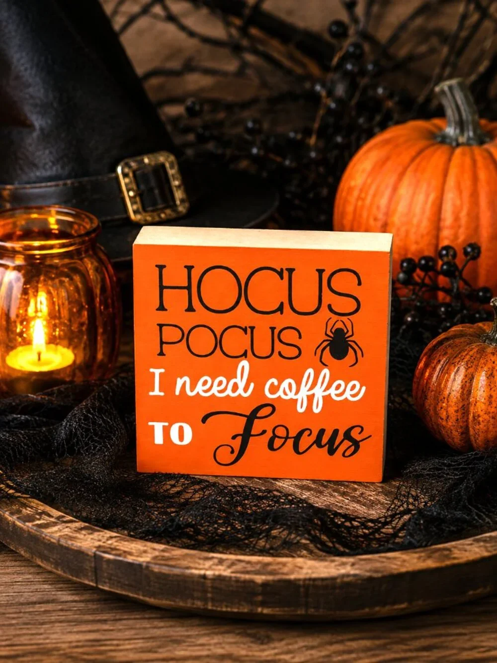 Hocus Pocus Coffee Wood Block Sign Witch Halloween Humor Home Décor NWT